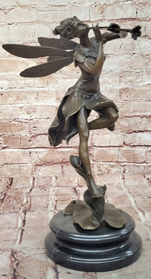 Winged Fairy with Flower Flute Bronze Statue Garden Sculpture - 14'' x 10'' (1 of 6)