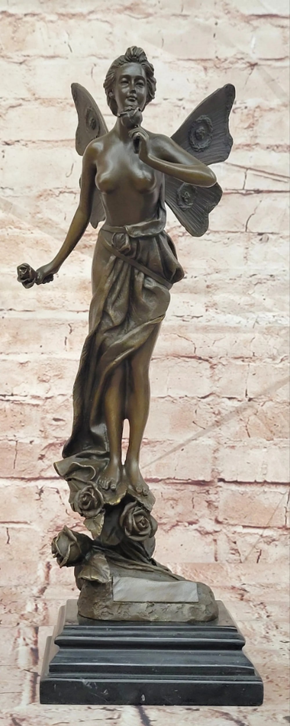 Winged Fairy with Roses Bronze Sculpture on Marble Base - 15'' x 5'': Winged Fairy with Roses Bronze Sculpture on Marble Base - 15" x 5" This enchanting bronze sculpture depicts a graceful winged fairy surrounded by blooming roses, symbolizing beauty, love, and 