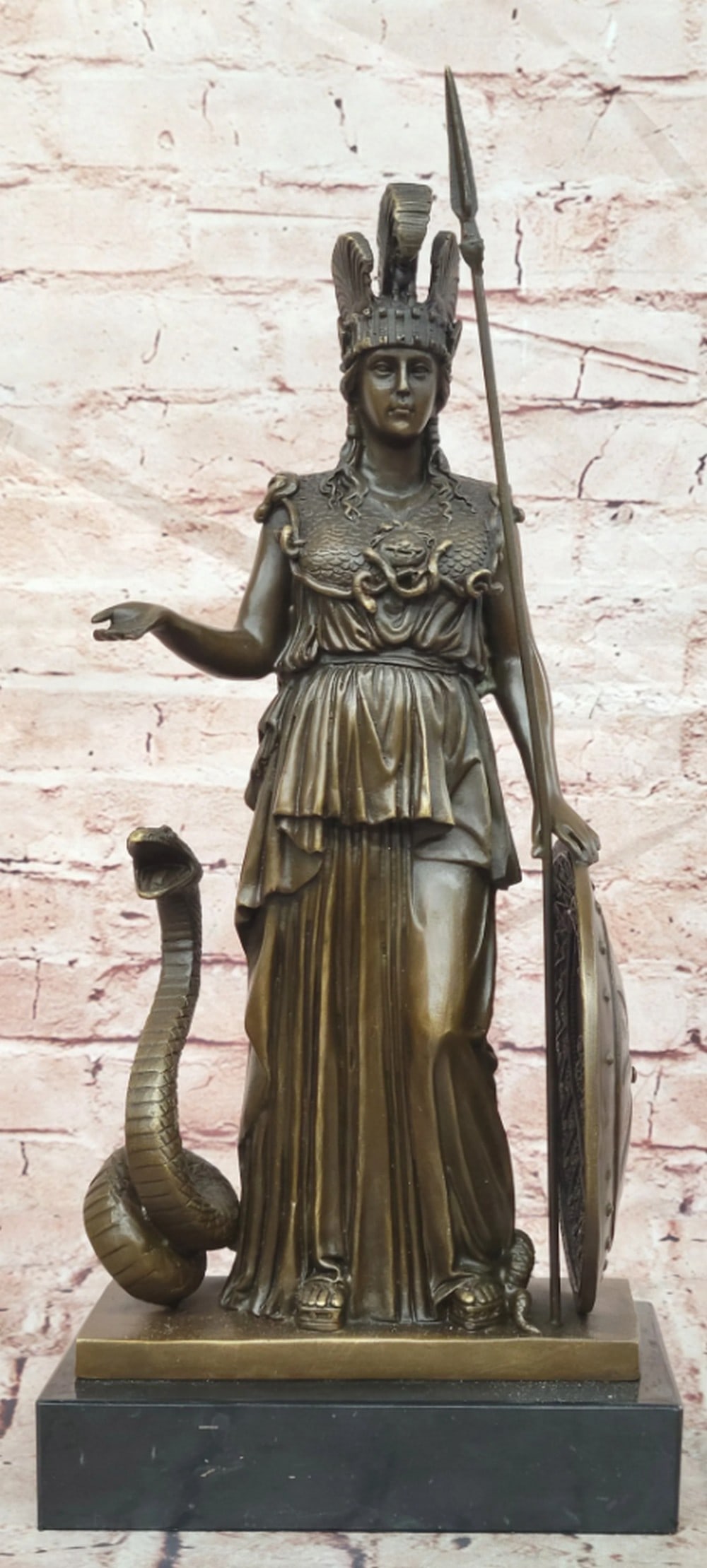 Athena Goddess with Spear, Shield and Serpent Bronze Sculpture - 16.5'' x 7'': Athena Goddess with Spear, Shield and Serpent Bronze Sculpture - 16.5" x 7" This striking bronze sculpture portrays Athena, the revered Greek goddess of wisdom, courage, and strategic warfare,