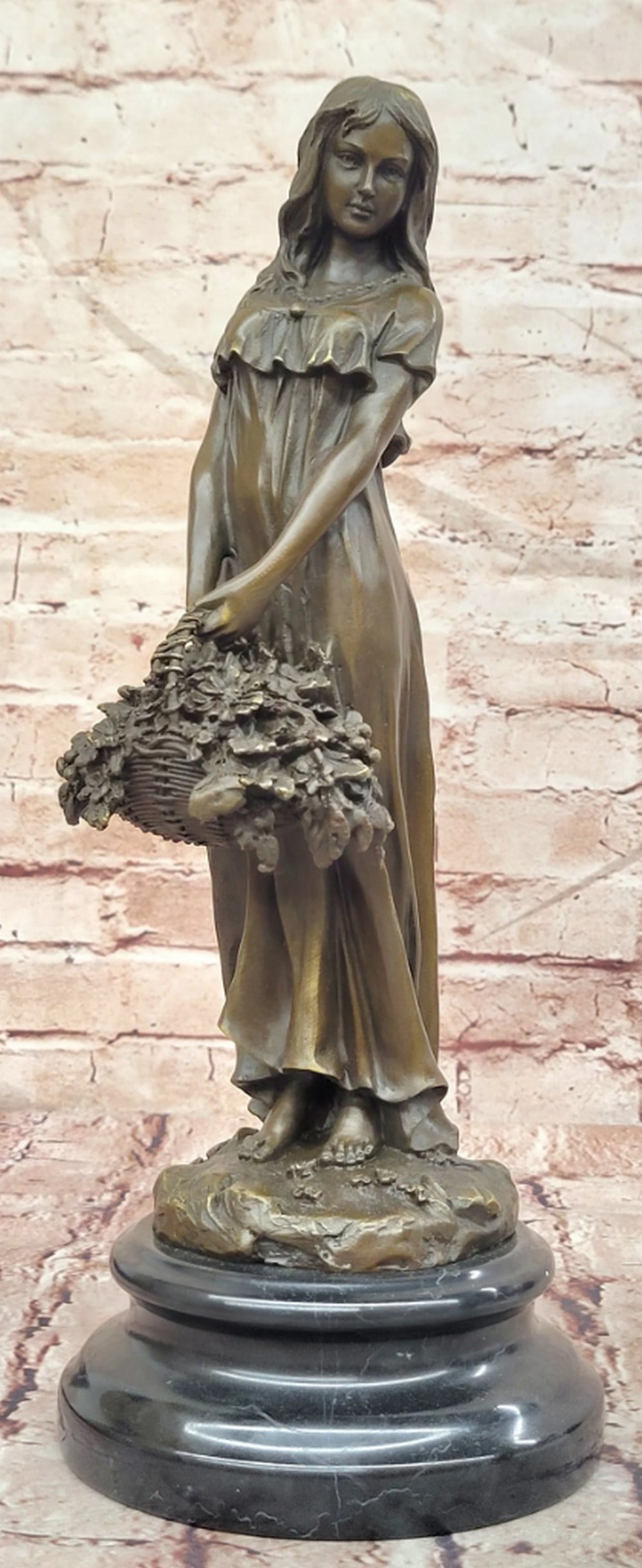 Milo Flower Basket Girl Bronze Sculpture on Marble Base - 15'' x 6'': Milo Flower Basket Girl Bronze Sculpture on Marble Base - 15" x 6" This charming bronze sculpture by Milo depicts a young girl carrying a basket of flowers, capturing a heartwarming moment of 