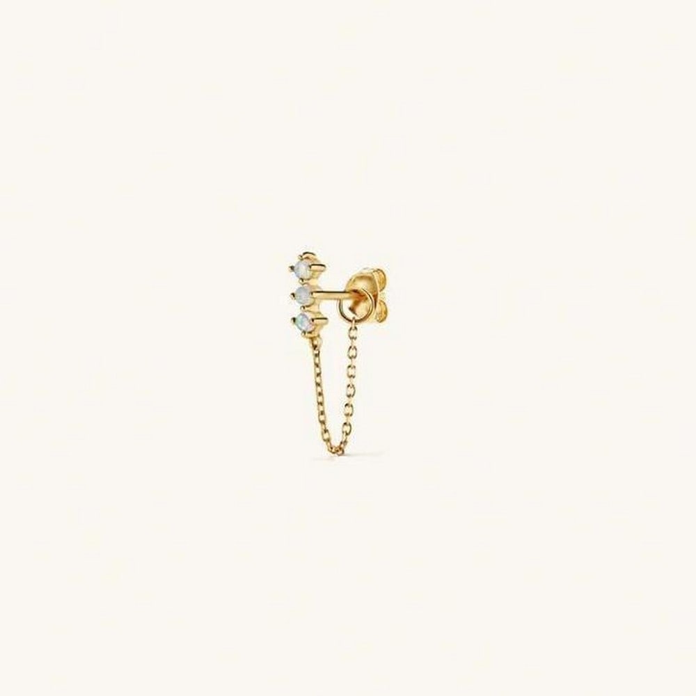Opal Trio Chain Stud Earring in 14k Yellow Gold: Opal Trio Chain Stud Earring in 14k Yellow Gold 14k yellow gold stud featuring a trio of Australian opal gemstones. Designed for versatility, the chain can be hooked onto an adjacent piercing or loope