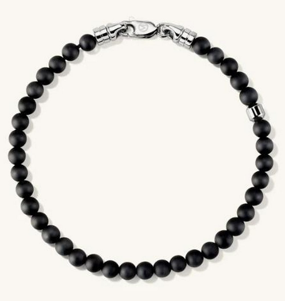 Midnight Bead Sterling Silver Bracelet: Midnight Bead 925 Sterling Silver Bracelet. This bracelet features a stunning array of black agate beads, known for their smooth texture and deep, rich color. Each bead is carefully strung together, c