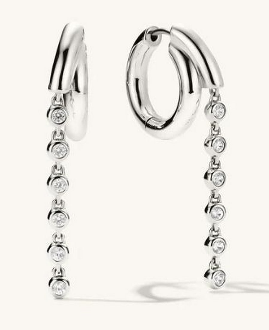 Lab-Grown White Sapphire Sterling Silver Dangle Hoop Earrings: Lab-Grown White Sapphire Sterling Silver Dangle Hoop Earrings. Add a touch of elegance with these lab-grown white sapphire sterling silver dangle hoop earrings. Featuring shimmering sapphires