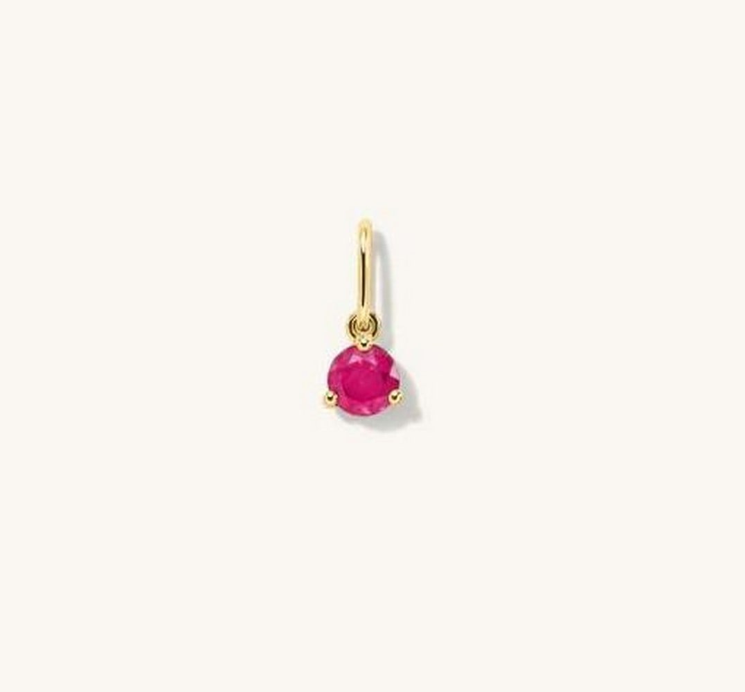 Ruby Birthstone Charm in 14k Yellow Gold: Ruby Birthstone Charm in 14k Yellow Gold Handcrafted 14k yellow gold charm featuring a vibrant 4 mm ruby, representing the July birthstone. A timeless piece perfect for celebrating birthdays or