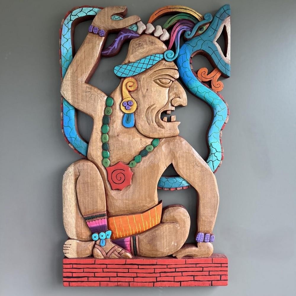 Hand Crafted Mayan Shaman Cedar Wall Carving (1 of 4)