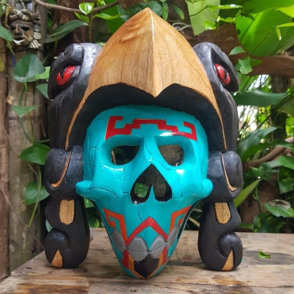 Mayan Blue Skull Eagle Cedar Mask (1 of 4)