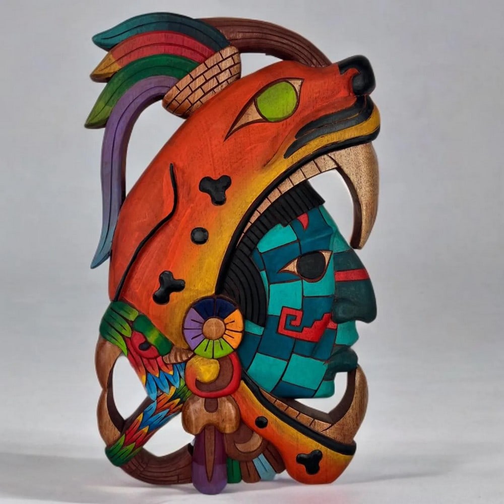 Hand Carved Mayan ''Rey Pakal'' Jaguar Mask: Hand Carved Mayan "Rey Pakal" Jaguar Mask This beautiful Mayan carving, handcrafted by a descendant from Yucat?n, Mexico, features a vibrant combination of colors that will bring life to any w
