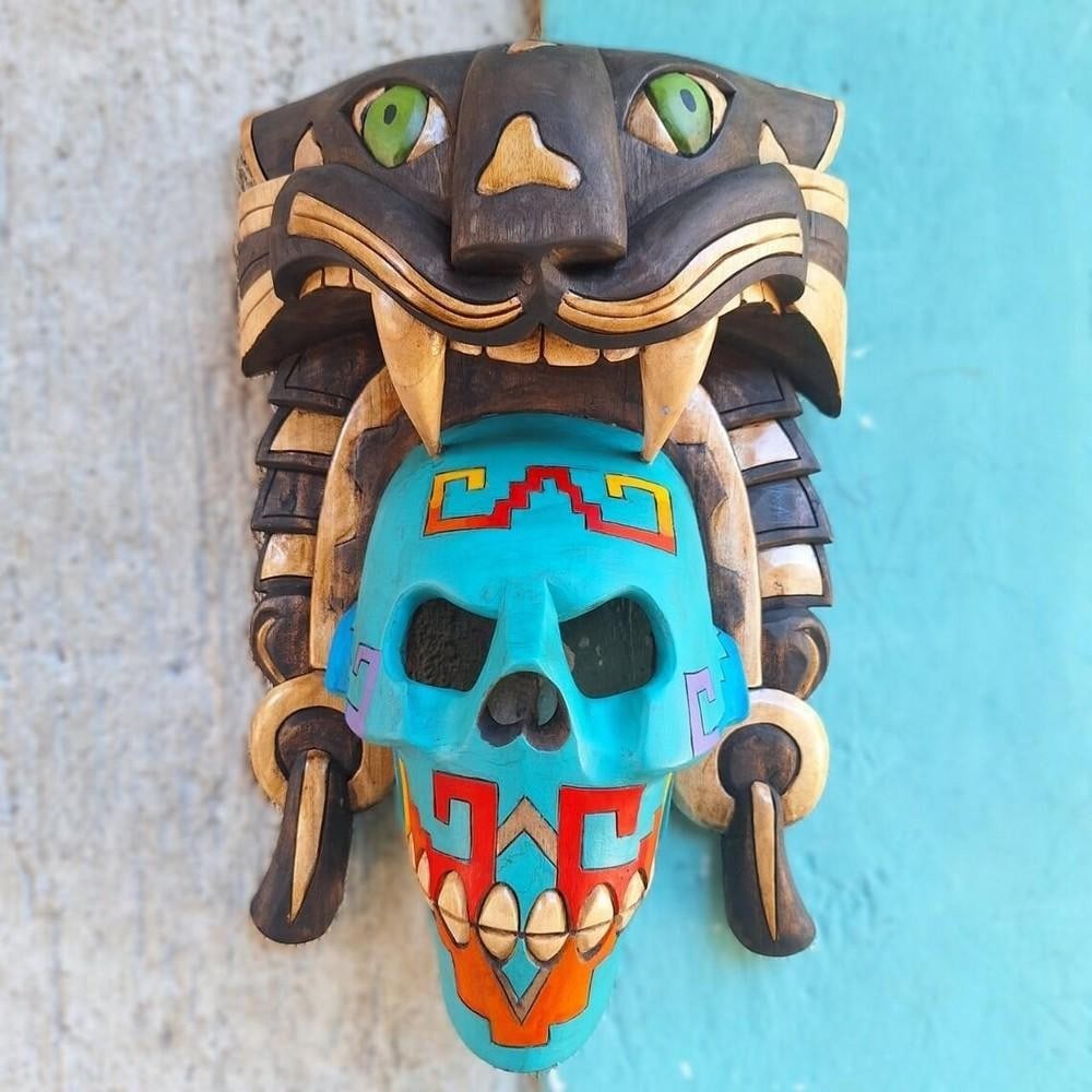 Mayan Blue Skull Hand-Carved Cedar Mask (1 of 3)