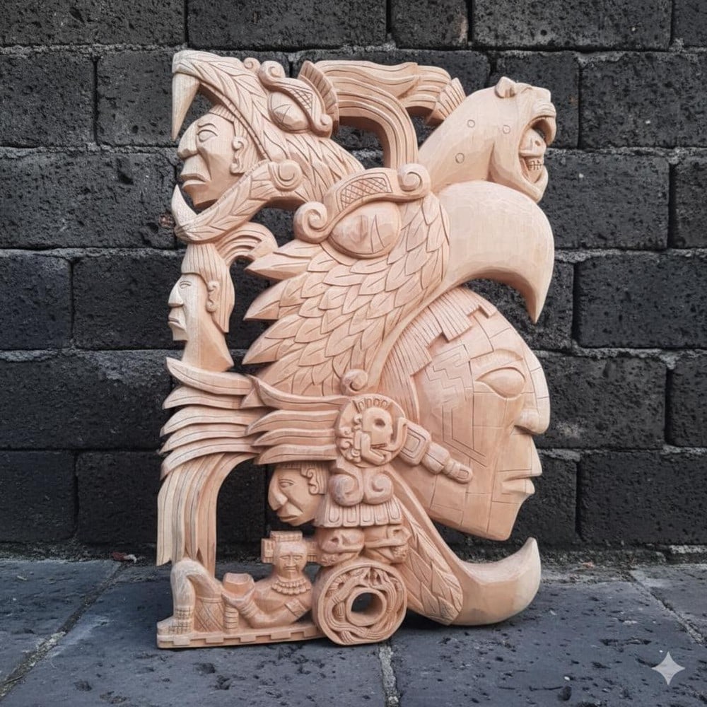 Mesoamerican Style Hand-Carved Wooden Relief Panel (1 of 5)