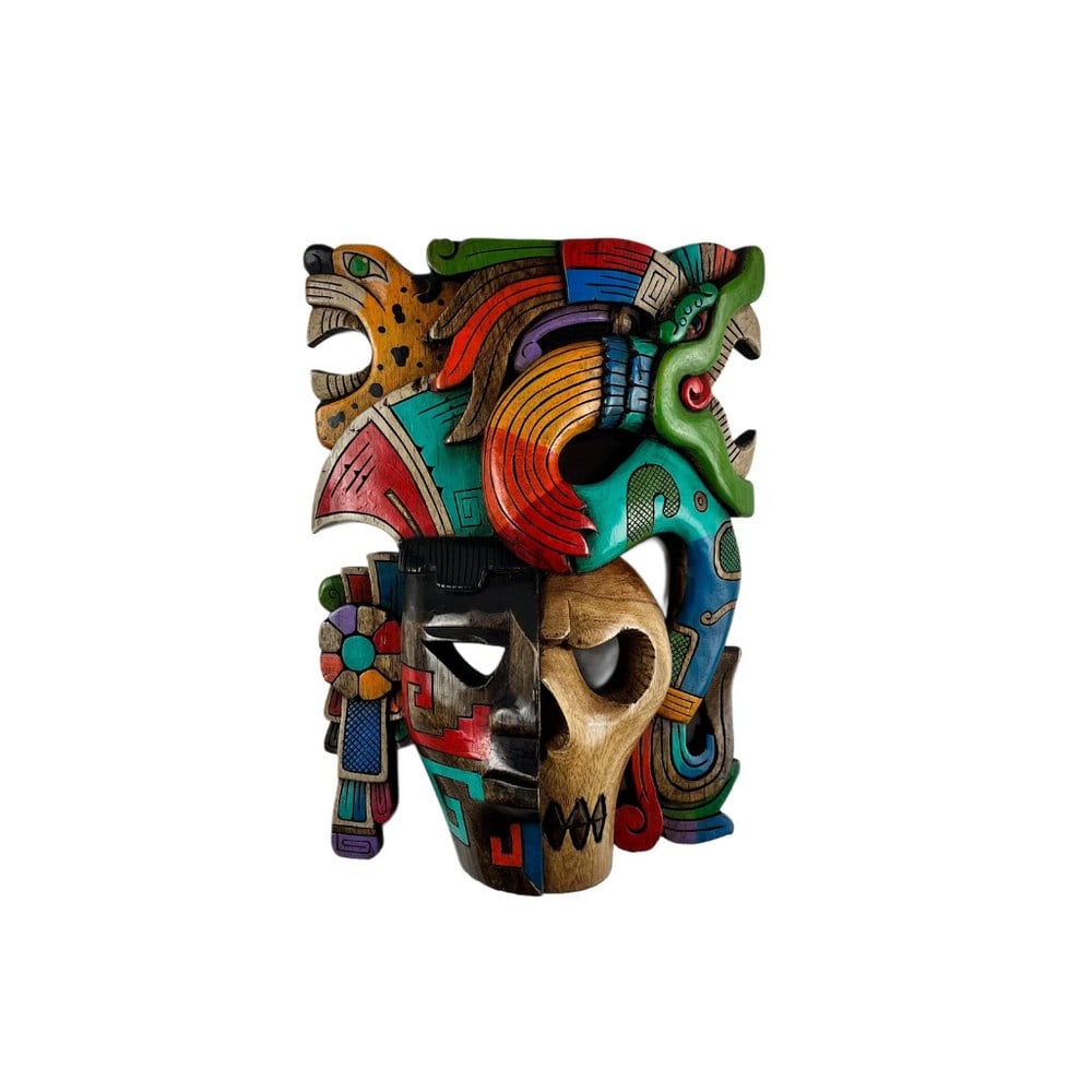 Hand Carved Mayan Jaguar and Serpent Mask: Hand Carved Mayan Jaguar and Serpent Mask This meticulously handcrafted Mayan mask features vibrant colors and intricate details, symbolizing both life and the afterlife. The design incorporates the p