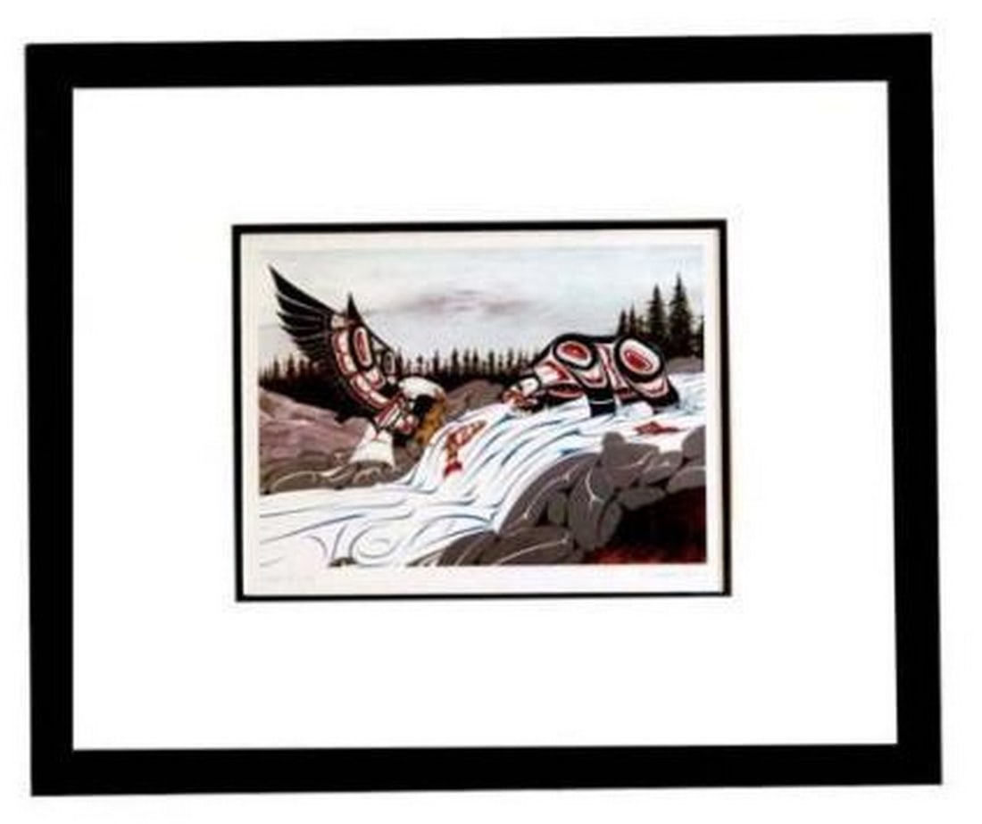 Hunters Of The River: Hunters Of The River. In this dynamic artwork, artist Richard Shorty captures the intense pursuit of a bear and eagle, each striving to catch fish in the flowing river. The bear, grounded in the