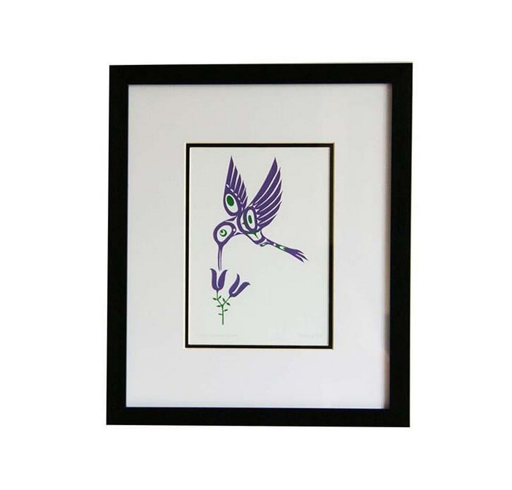 Purple Hummingbird Framed Print by Pauline Bull: Purple Hummingbird Framed Print by Pauline Bull Framed print Purple Hummingbird symbolizes beauty, resilience, and grace, drawing from West Coast Indigenous artistry and symbolism. Dimensions: 14 x
