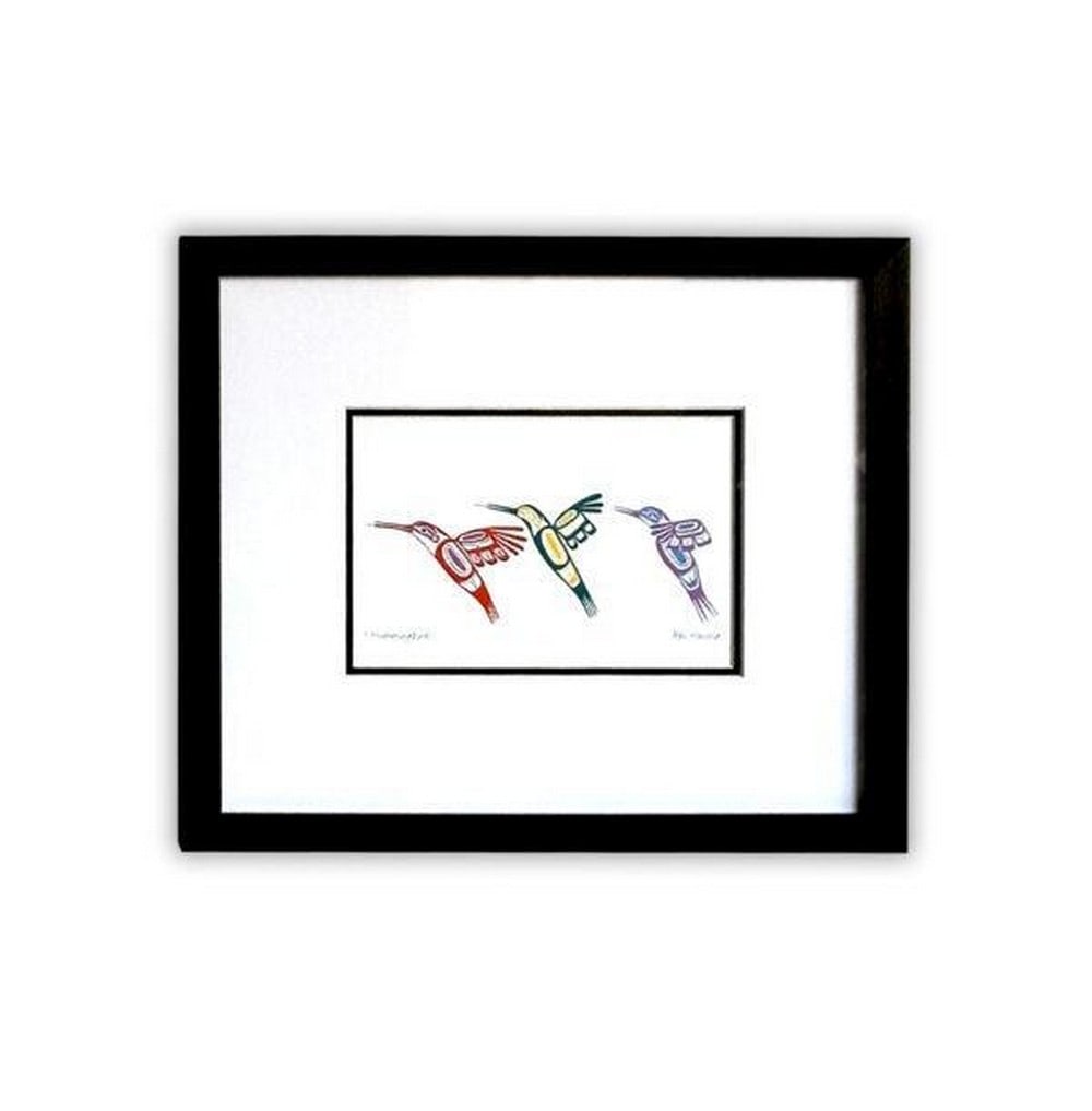 3 Hummingbirds Framed Print by Ben Houstie: 3 Hummingbirds Framed Print by Ben Houstie A delicate print by Ben Houstie featuring three hummingbirds in graceful motion, symbolizing joy, energy, and renewal in West Coast Indigenous culture.