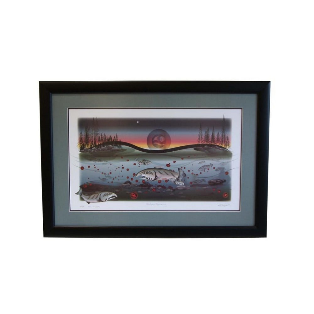 Spawning Salmon Framed Print by Kee-Toy Woo Joseph: Spawning Salmon Framed Print by Kee-Toy Woo Joseph Framed print of Spawning Salmon by Kee-Toy Woo Joseph, celebrating the life cycle and cultural significance of salmon in West Coast Indigenous