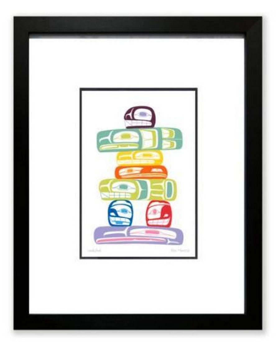 Guiding Colors Print: Guiding Colors Print. This is a striking and colorful print of artwork by renowned Indigenous artist Ben Houstie. Infused with rich hues and bold design, the piece reimagines the traditional Inukshuk