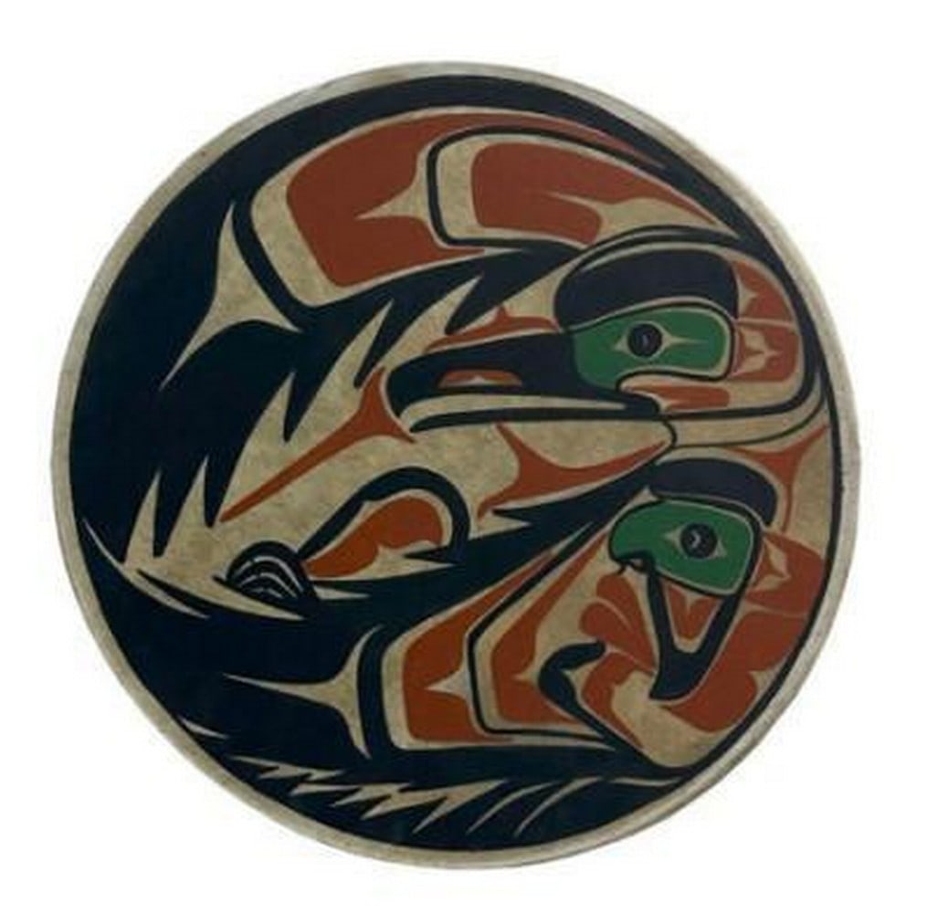 Shadow Sun Raven: Shadow Sun Raven Handcrafted from natural deer hide and wood, this traditional Indigenous drum carries deep cultural significance. The taut hide produces a resonant, earthy tone, while the sturdy