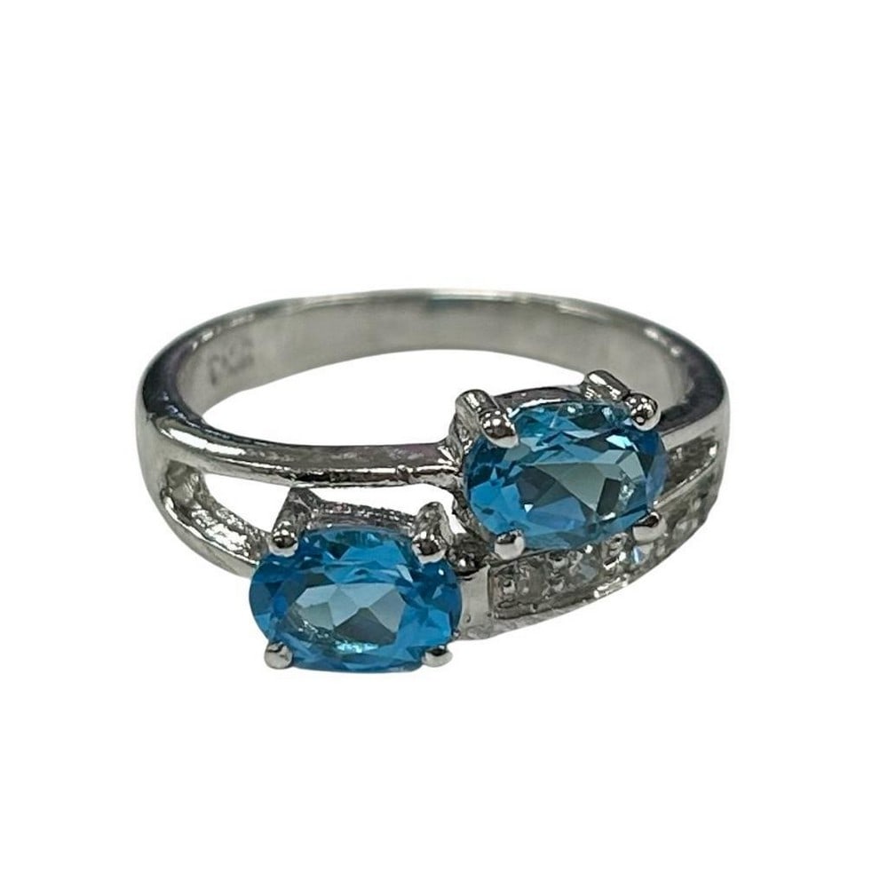 Sterling Silver Double Blue Stone Ring: Sterling Silver Double Blue Stone Ring Inner Diameter: 18mm View Photos For Further Details.