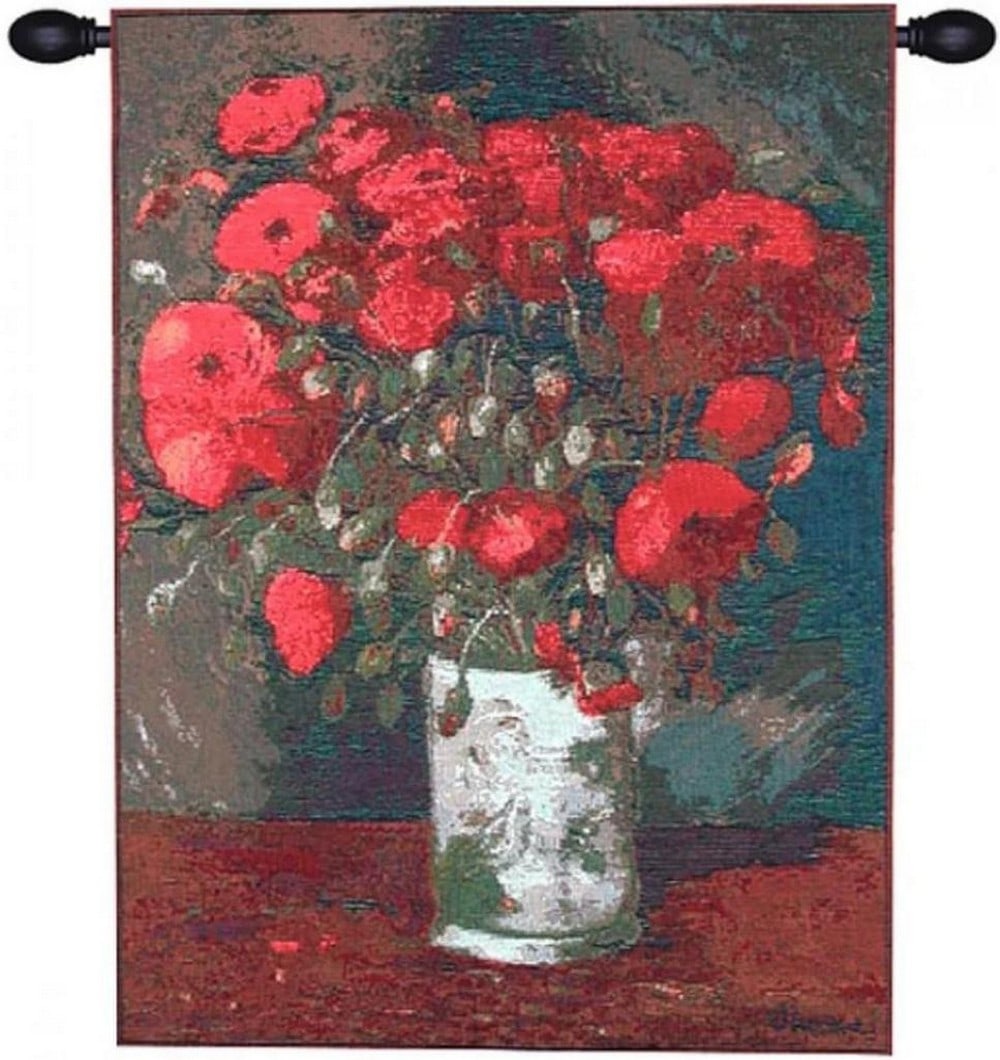 Van Gogh Poppies I French Wall Tapestry: Van Gogh Poppies I French Wall Tapestry This woven wall tapestry features imagery inspired by Vincent van Gogh's painting Poppies, capturing the vibrant red flowers swaying in a sunlit field. The comp