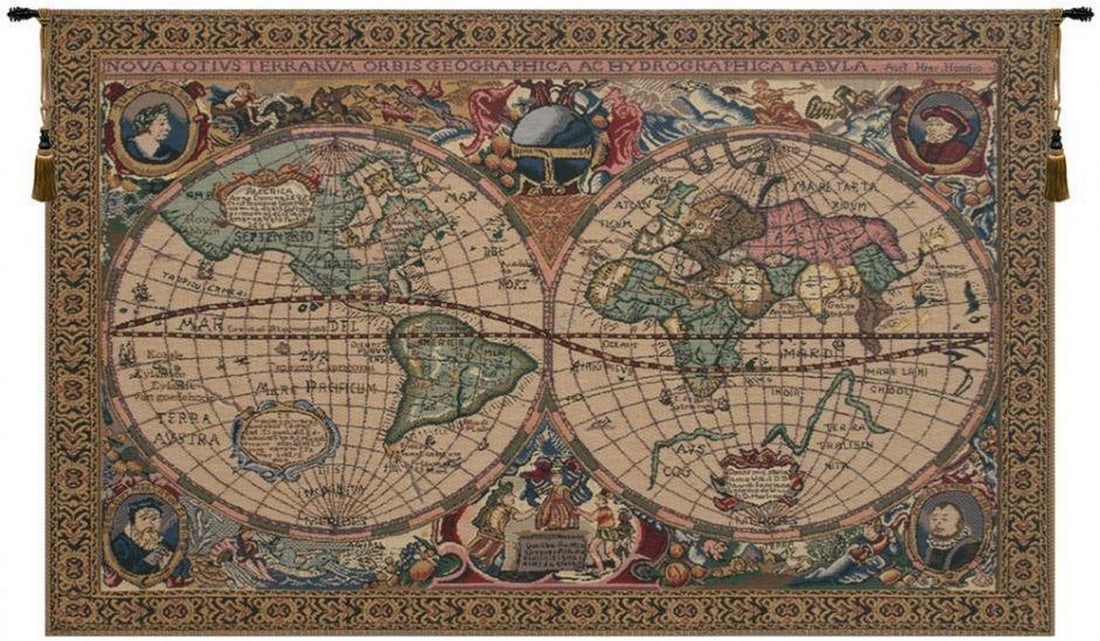 Map Mercator Belgian Wall Tapestry - 33'' x 22'': Map Mercator Belgian Wall Tapestry - 33" x 22" Bring historical depth and intellectual elegance into your space with this "Map Mercator" wall tapestry. Woven in Belgium, this richly de