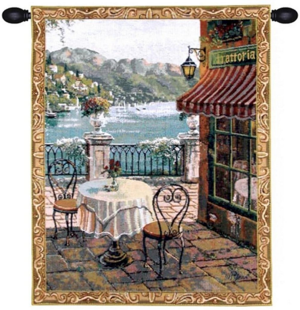 Lake Como Terrace Mini I Belgian Wall Tapestry: Lake Como Terrace Mini I Belgian Wall Tapestry This woven wall tapestry features imagery inspired by Bellagio Memories, an original artwork by Bob Pejman. The scene captures a terrace cafe in Bellagio