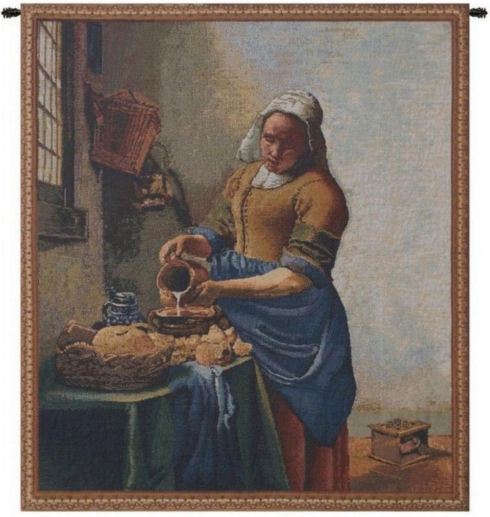 Servant Girl Belgian Wall Tapestry: Servant Girl Belgian Wall Tapestry This woven wall tapestry features imagery inspired by The Milkmaid, painted around 1658 by Dutch artist Johannes Vermeer. The composition depicts a servant girl abso