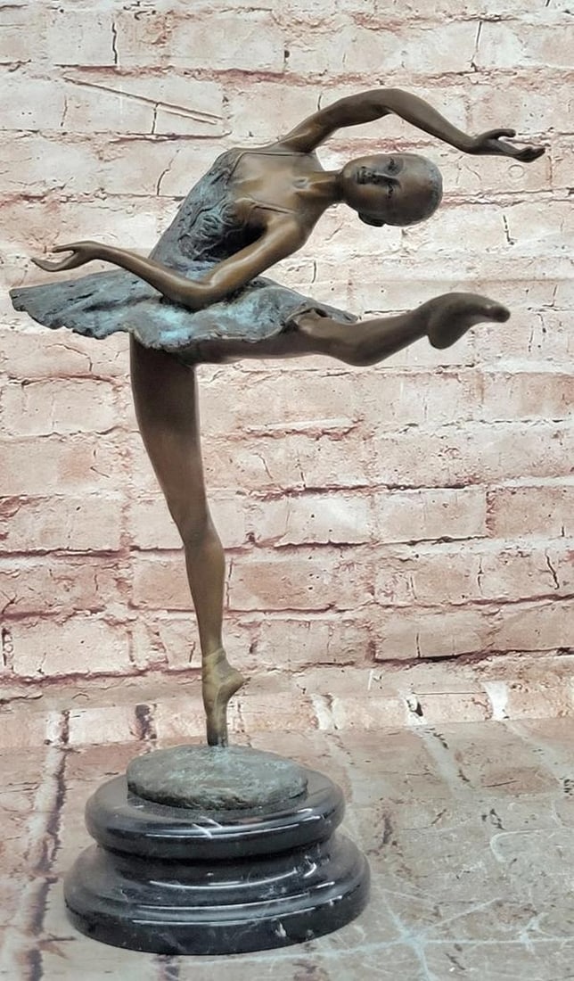 Art Deco Ballerina Bronze Sculpture by Miguel Lopez - 14'' x 11'': Art Deco Ballerina Bronze Sculpture by Miguel Lopez - 14" x 11" Introducing an Elegant Bronze Sculpture: This graceful ballerina figure is meticulously handcrafted with careful attention to de