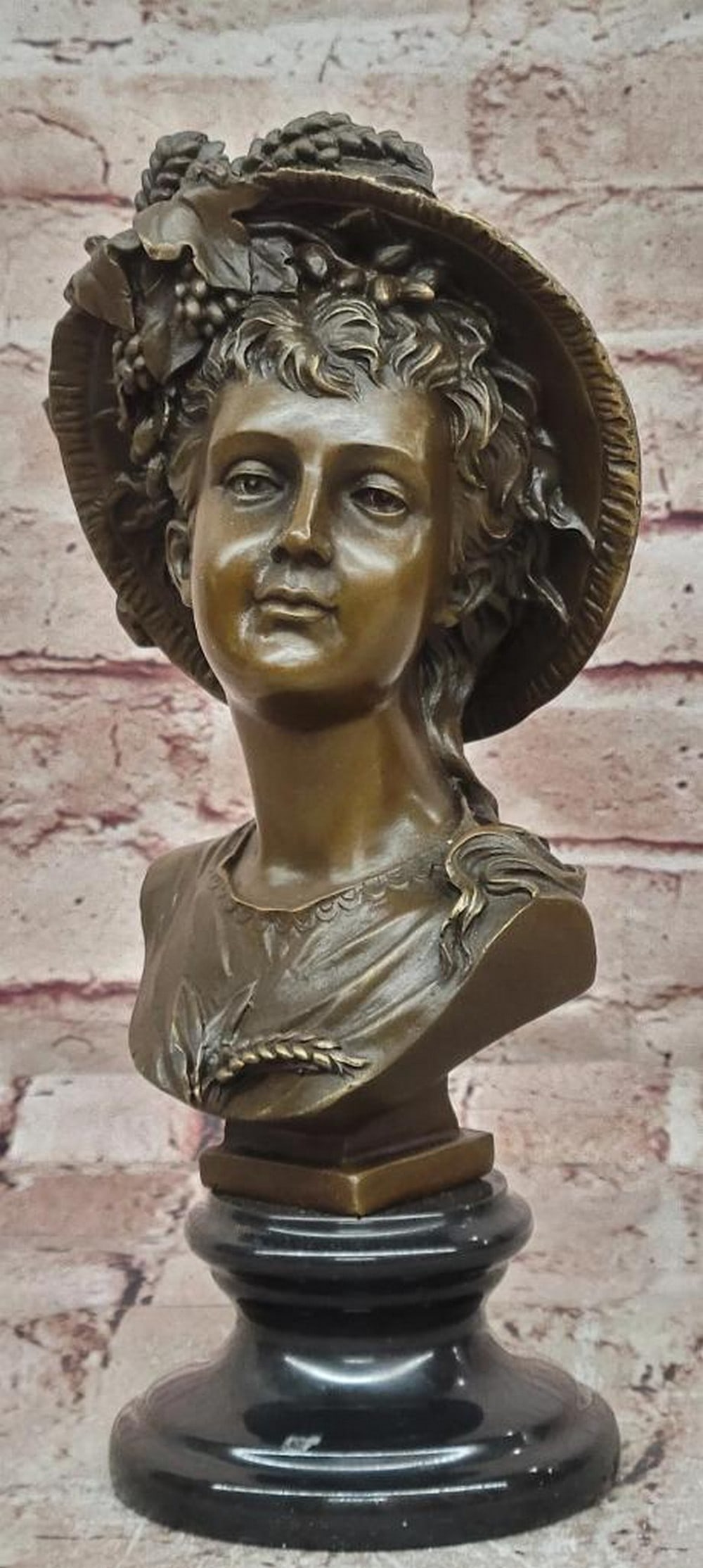 Art Nouveau Lady Bust Bronze Sculpture by Juno - 10'' x 4'': Art Nouveau Lady Bust Bronze Sculpture by Juno - 10" x 4" This original bronze sculpture by Juno depicts an elegant Art Nouveau lady wearing a Victorian-style hat, captured in a poised and ref