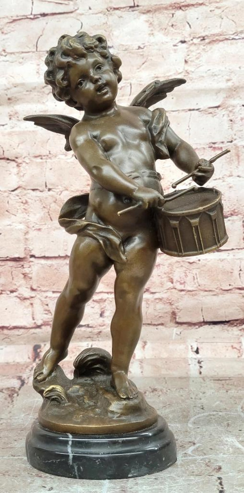 Moreau Inspired Bronze Cherub Drummer Sculpture - 12'' x 5'': Moreau Inspired Bronze Cherub Drummer Sculpture - 12" x 5" This original bronze sculpture depicts a charming angelic cherub playing a drum, inspired by the classical style of Auguste Moreau. T