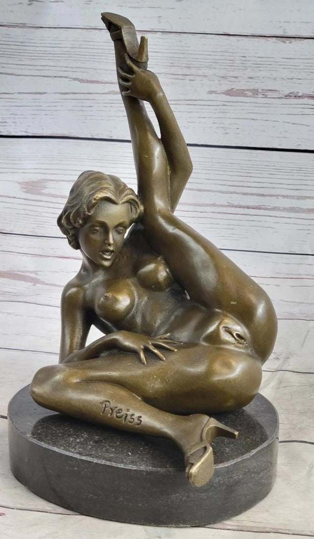 Nude Female Girl with Legs in Air Erotic Bronze Sculpture - 9'' x 9'': Nude Female Girl with Legs in Air Erotic Bronze Sculpture - 9" x 9" This exquisite bronze sculpture captures the beauty of a female form in an erotic pose. The nude woman is depicted seductive