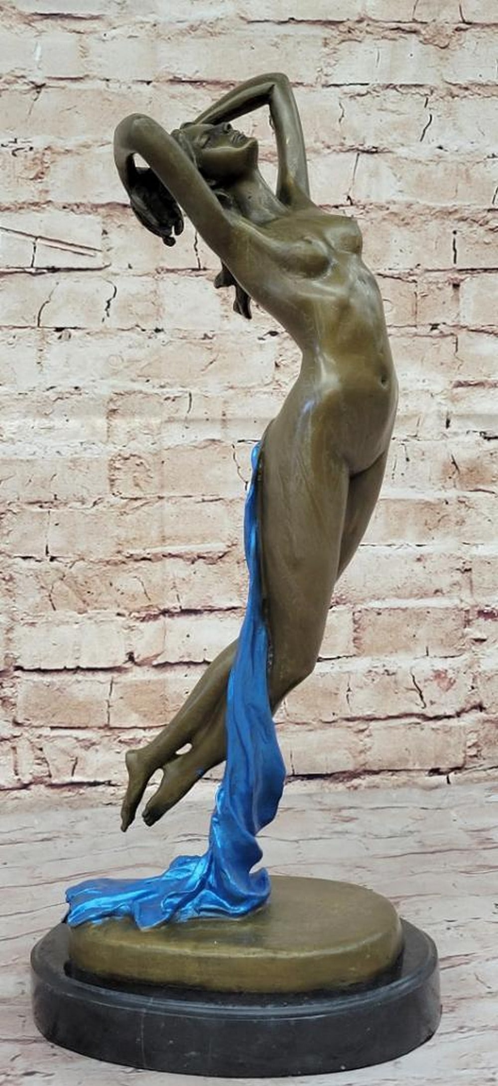 Patina Nude Female Floating Dance Original Bronze Statue - 18'' x 8'': Patina Nude Female Floating Dance Original Bronze Statue - 18" x 8" Witness the nude aerialist gracefully soaring through the air, enveloped by a vibrant green patina fabric. Celebrating the f