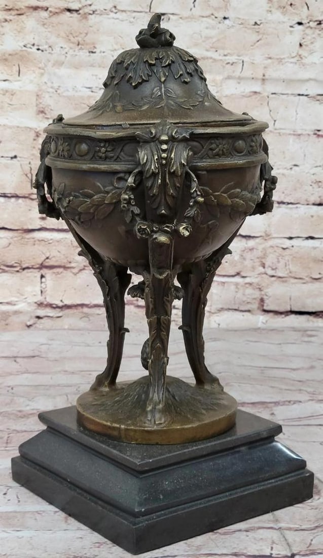 Louis XVI Antique Style Bronze Urn Sculpture on Marble Base - 13'' x 6'': Louis XVI Antique Style Bronze Urn Sculpture on Marble Base - 13" x 6" Embodying the elegance of the French Louis XVI style, this hot cast bronze urn is a striking work of art signed by Jean P