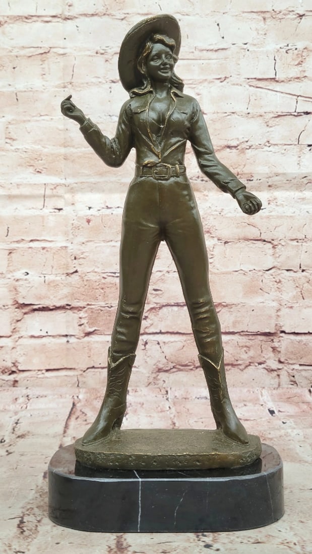 Female Western Rancher Original Bronze Statue - 14'' x 7'': Female Western Rancher Original Bronze Statue - 14" x 7" This compelling bronze sculpture by Aldo Vitaleh celebrates the enduring spirit of the American West through the confident figure of a 