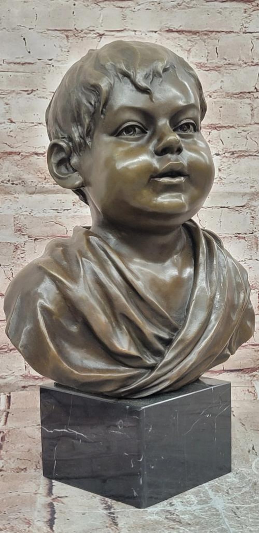 Milo Original Bronze Bust of a Young Boy - 17.5'' x 12'': Milo Original Bronze Bust of a Young Boy - 17.5" x 12" This original bronze bust depicts a young boy with a gentle, contemplative expression, capturing youthful innocence and subtle emotion. T