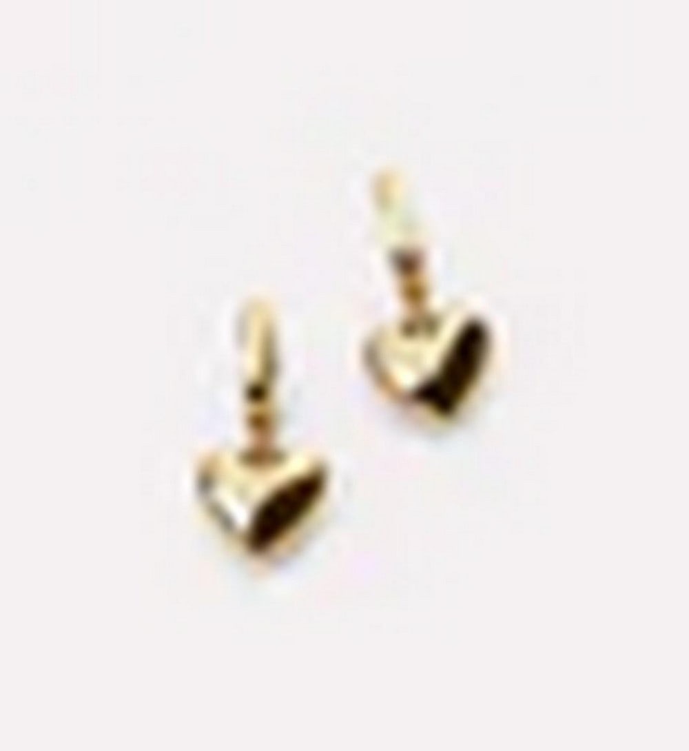 14K Gold Puffed Heart Hoop Earrings: 14K Gold Puffed Heart Hoop Earrings These 14K gold plated hoop earrings feature two dangling puffed heart charms, offering a playful yet elegant design. The thick gold plating gives them a luxurious f