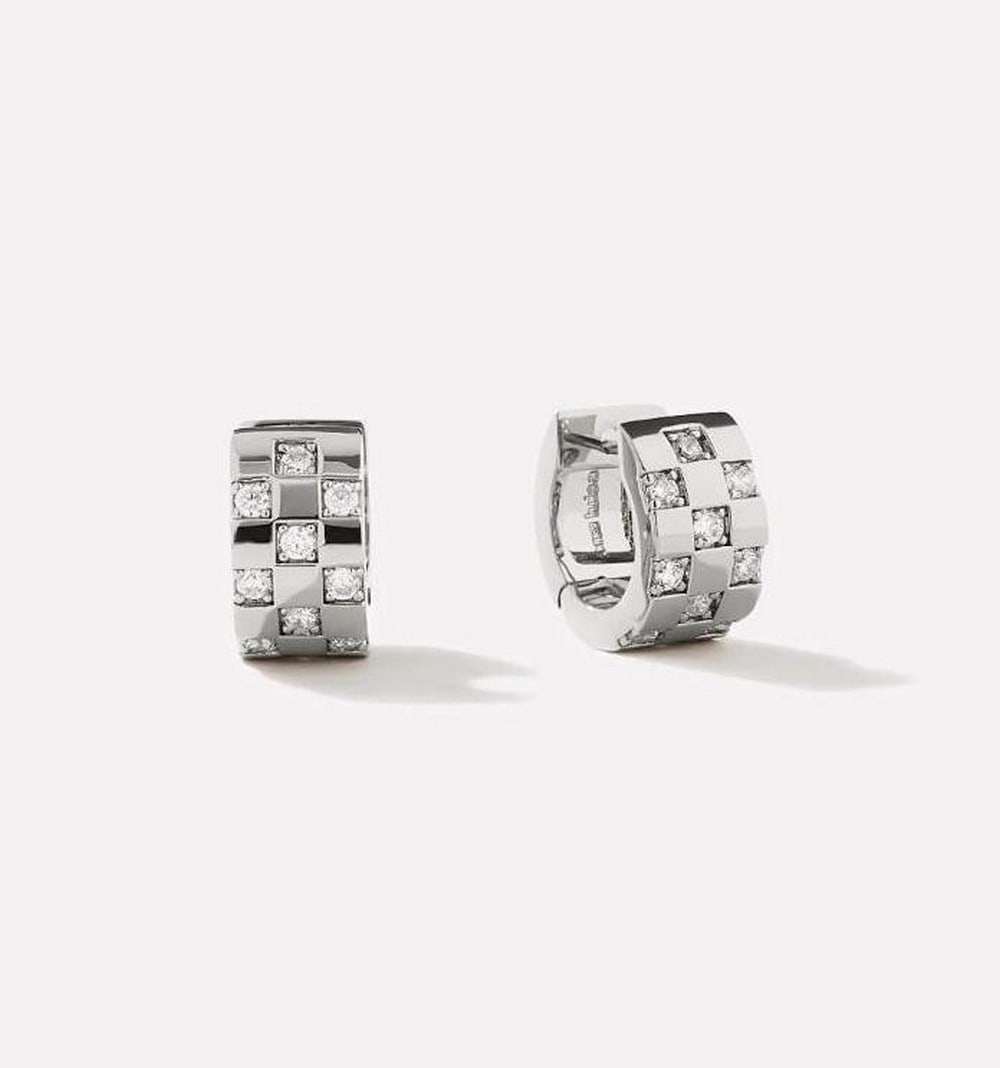 14K Gold-Dipped Double Hoop Earrings: Rhodium-Plated Sparkle Inlay Hoop Earrings These silver hoop earrings are plated in rhodium and feature a squared-off inlay detailed with cubic zirconia embellishments for a bright, eye-catching finis