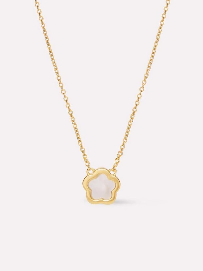 14K Gold-Dipped Mother-of-Pearl Flower Pendant Necklace: 14K Gold-Dipped Mother-of-Pearl Flower Pendant Necklace This elegant pendant necklace features a luminous Mother-of-Pearl flower framed in gleaming 14K gold over recycled Sterling Silver. With softly 