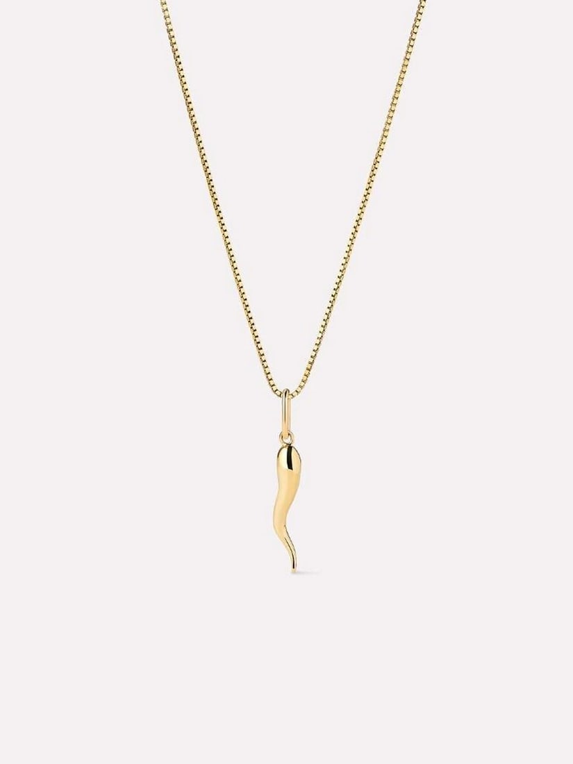 10K Solid Gold Italian Horn Charm Necklace: 10K Solid Gold Italian Horn Charm Necklace Add a touch of luck and timeless elegance to your stack with this solid yellow gold necklace set. Crafted in recycled solid gold, this piece features a sleek
