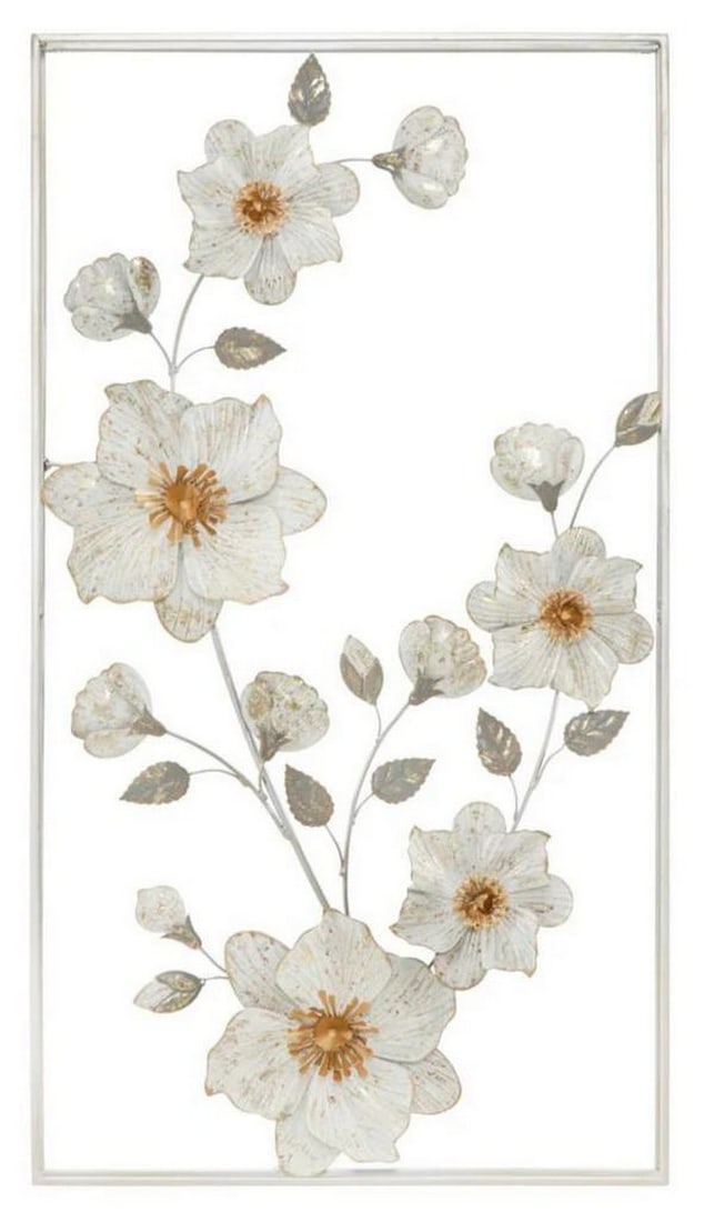 Metallic Flowers Modern Wall Decor: Metallic Flowers Modern Wall Decor Metal panel wall decor featuring a 3D design inspired by nature. The piece combines geometric patterns and floral shapes to create a modern, textured effect that add