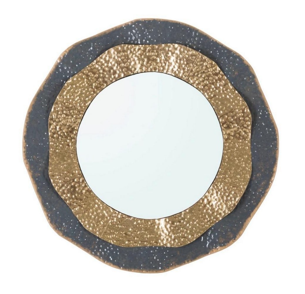 Golden & Black Metal Round Wavy Wall Mirror: Golden &; Black Metal Round Wavy Wall Mirror Wall mirror with a metal frame featuring a round shape and wavy, irregular design. The frame combines gold and black tones, creating contrast and subtle vi