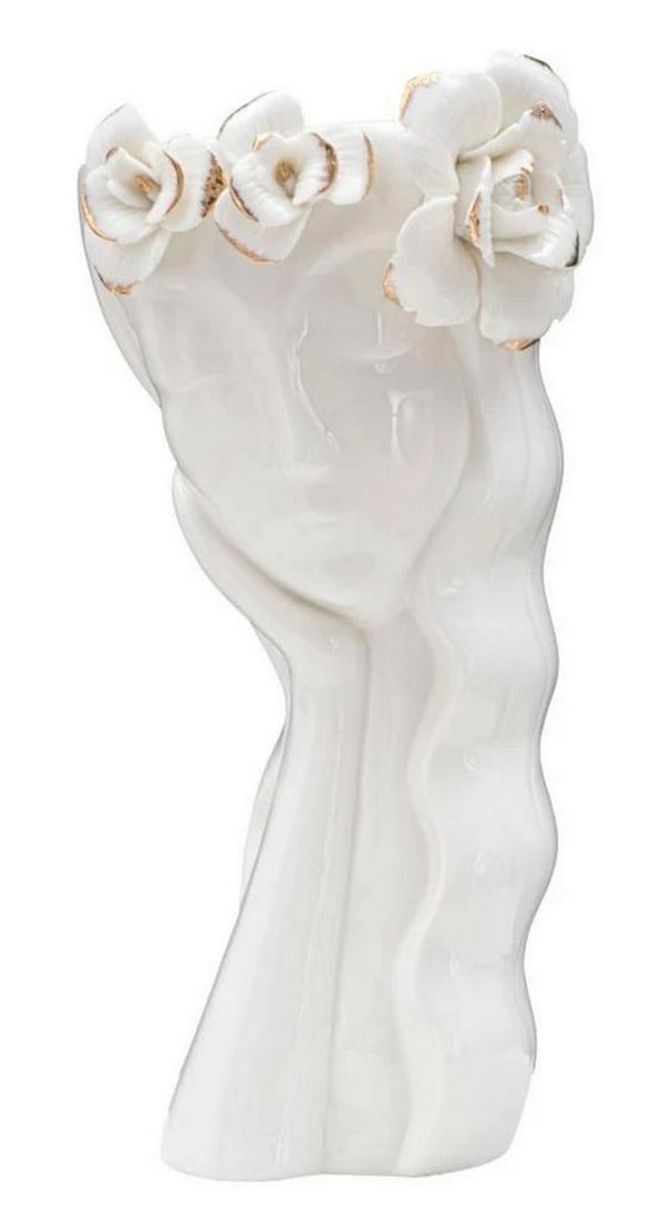 Elegant White Porcelain Vase with Floral Face Design: Elegant White Porcelain Vase with Floral Face Design This exquisite white porcelain vase features delicate golden decorations and a unique design inspired by a female face. Its soft shapes add a touch