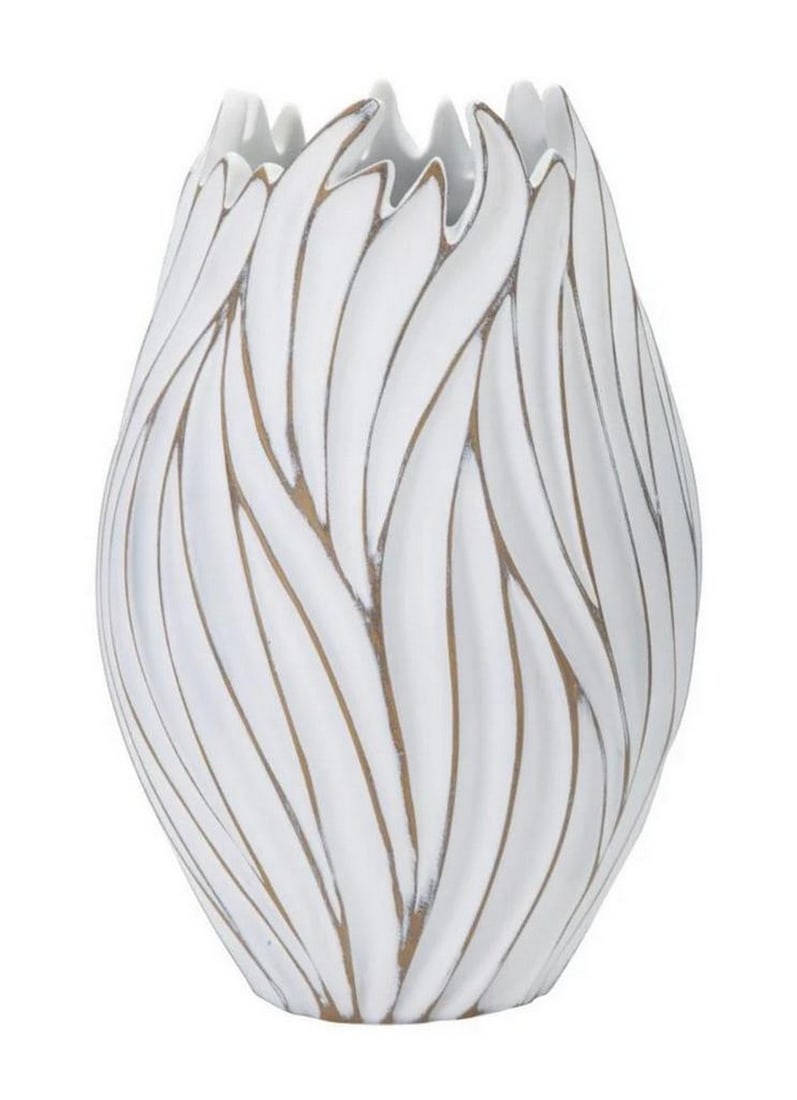 White Modern Oval Vase with Wavy Relief Design: White Modern Oval Vase with Wavy Relief Design A sleek oval vase crafted from durable polyresin, featuring elegant wavy relief patterns that add subtle texture and depth. This modern piece blends form