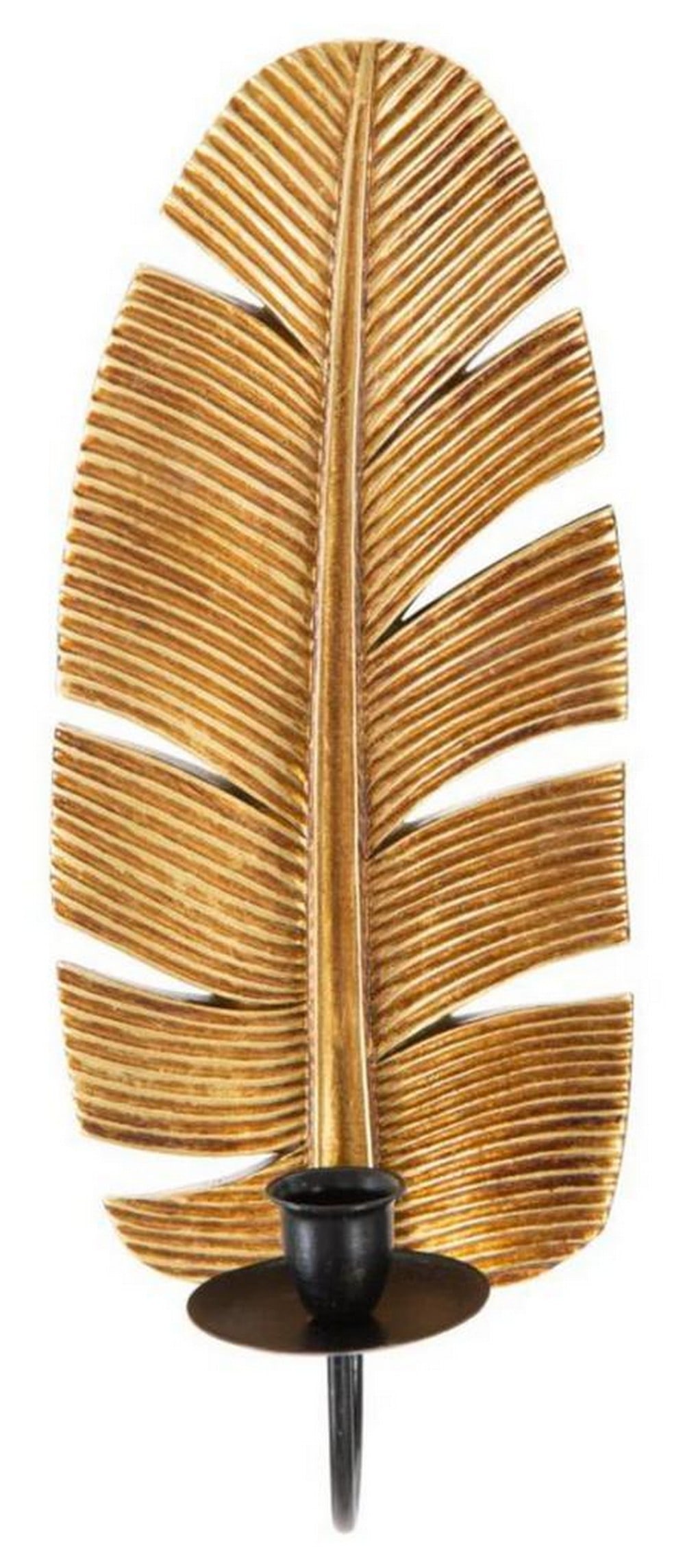 Gold Palm Leaf Candle Holder, Large Metal: Gold Palm Leaf Candle Holder, Large Metal This elegant candleholder showcases a striking palm leaf design crafted in golden and black metal, blending tropical charm with sophisticated glamour. Perfect