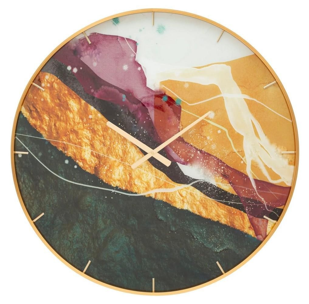Metal & Glass Abstract Fluid Art Wall Clock: Metal &; Glass Abstract Fluid Art Wall Clock Round wall clock featuring an elegant golden frame and dial decorated with lively, bright tones. The design combines metal, glass, and MDF for a modern abs