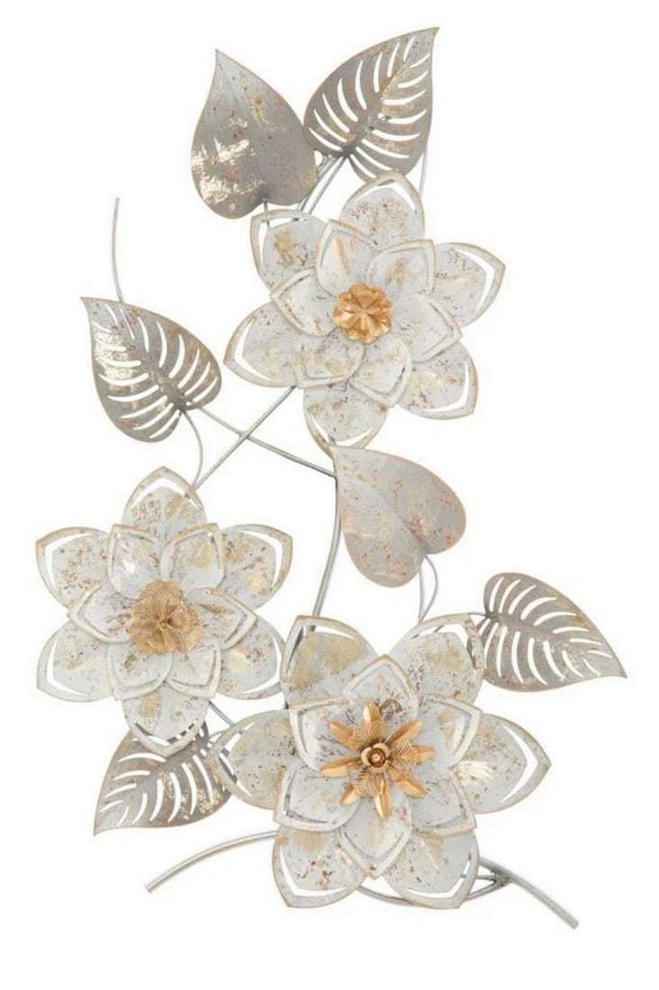 Metal Flower Wall Decor in Silver, White, and Gold: Metal Flower Wall Decor in Silver, White, and Gold This exquisite metal panel features a design that evokes the beauty of nature. 3D panels are the latest trend in wall decor, with geometric