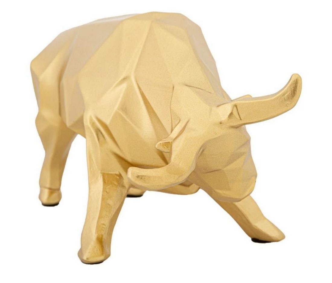 Golden Bull Miniature Sculpture: Golden Bull Miniature Sculpture A beautifully sculpted statue of a bull in elegant golden tones. Dimensions: Height: 10.6 cm / 4.2" Width: 19.5 cm / 7.7" Depth: 9.9 cm / 3.9" Weight: 0.45