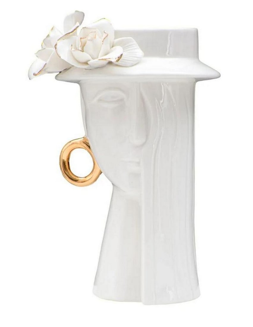 Porcelain Vase Shaped Like a Woman's Face with Floral Design: Porcelain Vase Shaped Like a Woman's Face with Floral Design White porcelain vase adorned with delicate golden decorations, featuring a design inspired by a female face with soft, graceful shapes. Dis