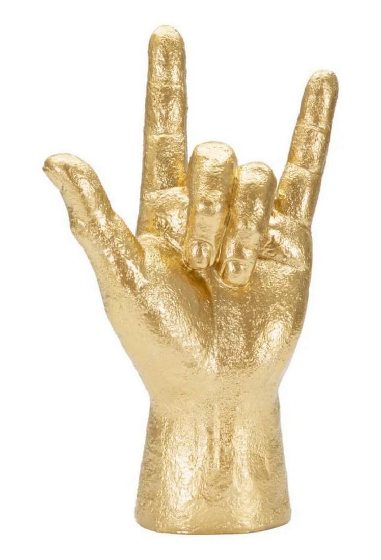 Gold Rock and Roll Hand Modern Decorative Statue: Gold Rock and Roll Hand Modern Decorative Statue A bold and stylish decorative statue, this Gold Rock and Roll Hand brings a modern edge to any space. Crafted with attention to detail, it captures the