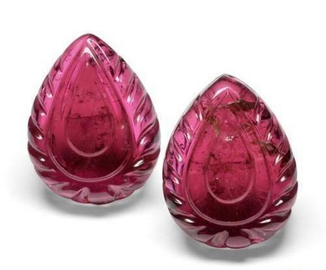 27.43 ct Carved Pear Rubellite Tourmaline Matching Pair (1 of 3)