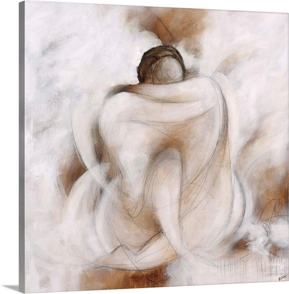 Love Embracing Canvas Reproduction by Rikki Drotar: Love Embracing Canvas Reproduction by Rikki Drotar 'Love Embracing' is a figurative artwork depicting two human forms seated and holding one another in a quiet, intimate moment. Soft contours and a li