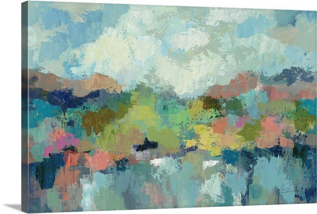 Abstract Lakeside Canvas Reproduction by Silvia Vassileva: Abstract Lakeside Canvas Reproduction by Silvia Vassileva 'Abstract Lakeside' is a contemporary landscape depicting a serene blue lake encircled by rolling green hills. Simplified shapes and harmoniou